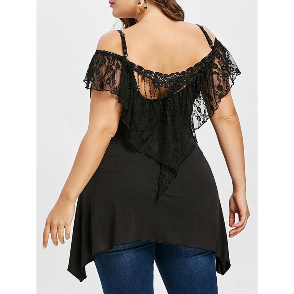 Plus Size Black Lace Fringed Asymmetrical T-shirt